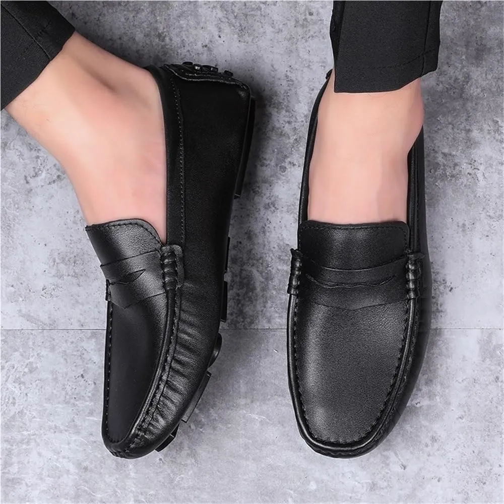 Mens Leather Driving Loafers Slip On Square Toe Flat Heel Resistant Comfortable Outdoor Casual Shoes