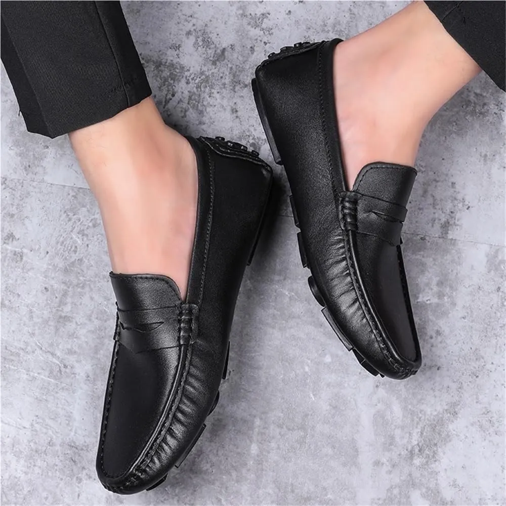 Mens Leather Driving Loafers Slip On Square Toe Flat Heel Resistant Comfortable Outdoor Casual Shoes