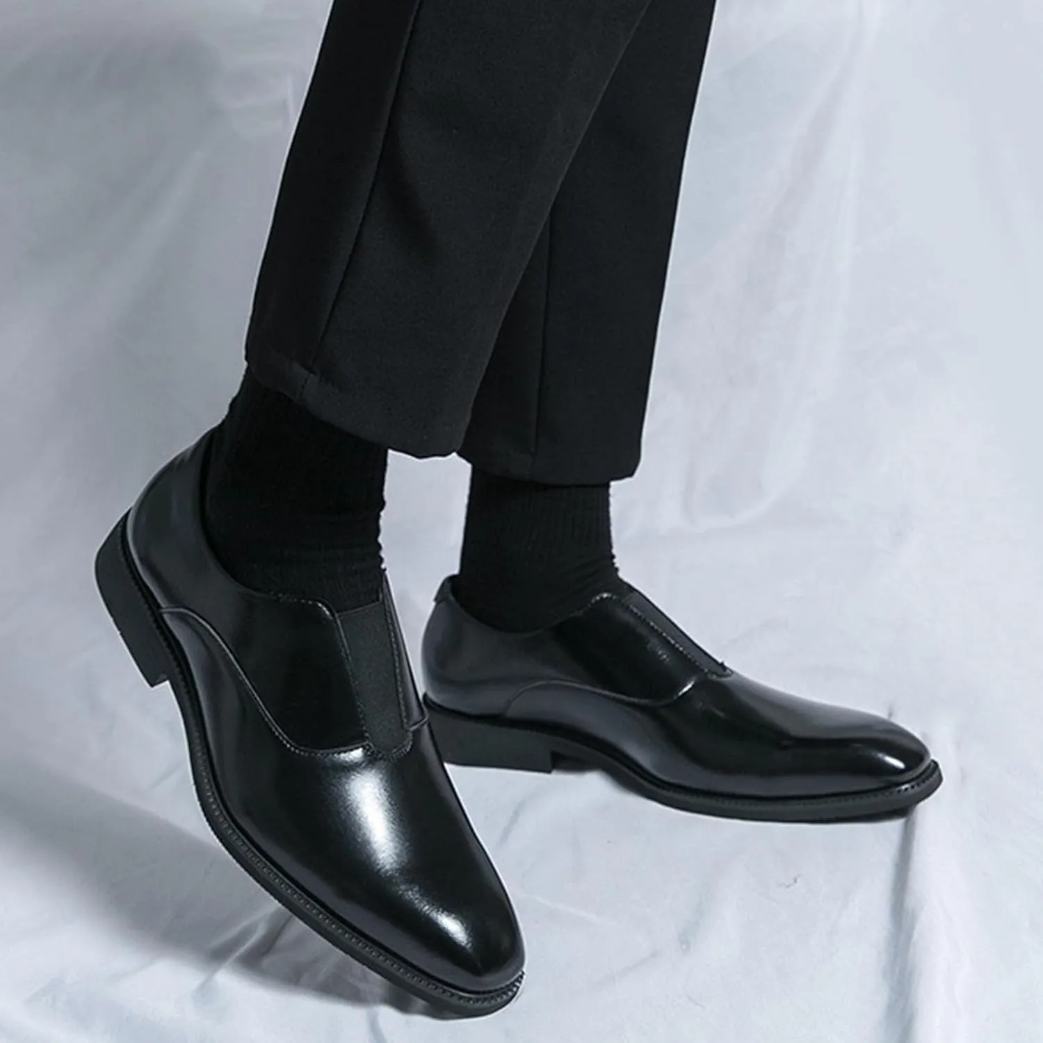 Men's Leather Elastic Band Low Top Dress Business Loafers Fashion Square Toe Low Heeled Slip-On Formal Tuxedo Derby Shoes Classic Plain Toe Modern Formal Leather Shoes