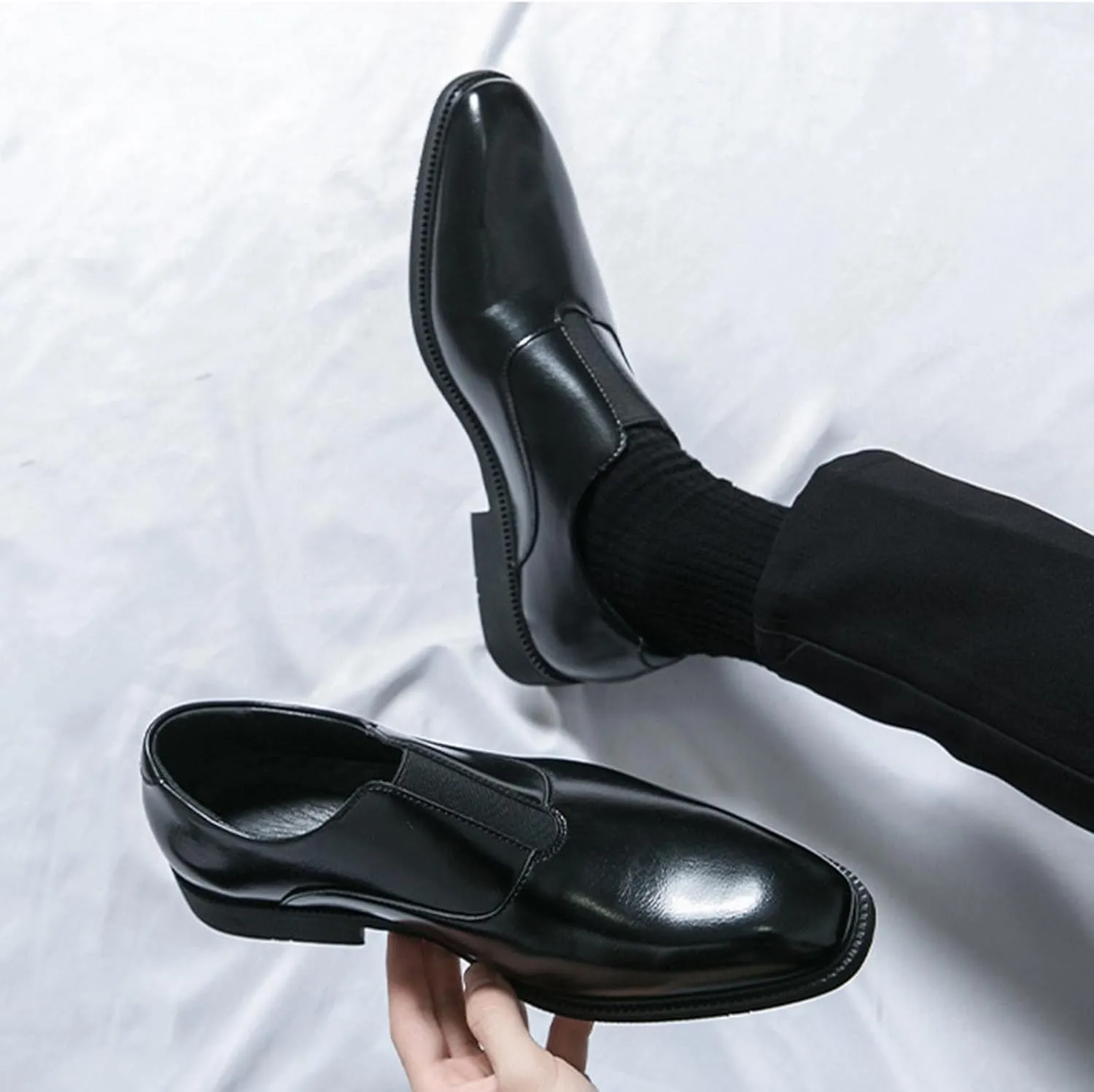 Men's Leather Elastic Band Low Top Dress Business Loafers Fashion Square Toe Low Heeled Slip-On Formal Tuxedo Derby Shoes Classic Plain Toe Modern Formal Leather Shoes