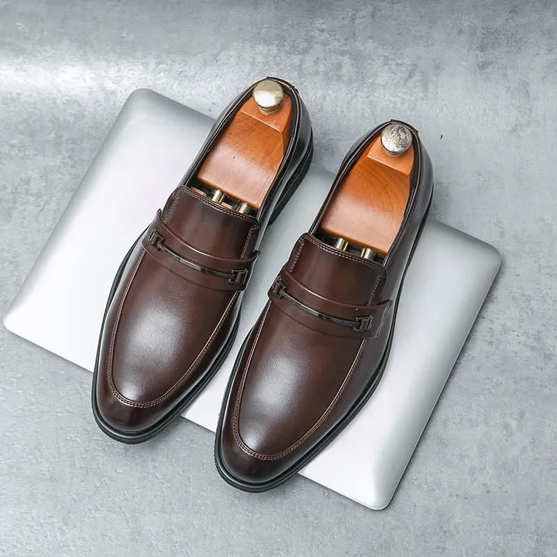 Men's Leather Low Oxford Fashion Slip-On Round Anti-Slip Mid Chunky Heels Formal Dress Loafers Low Top Work Dress Shoes