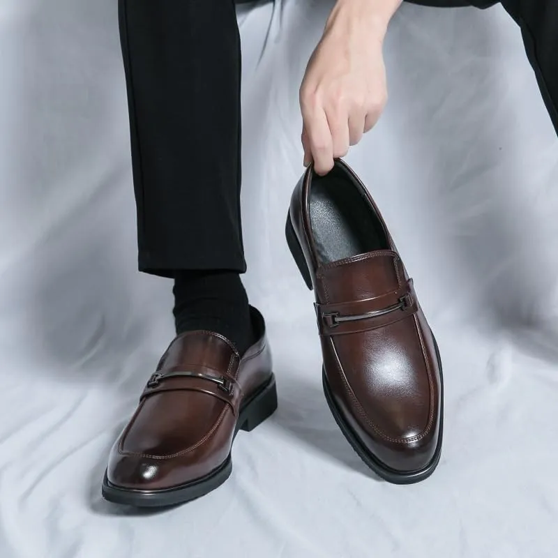 Men's Leather Low Oxford Fashion Slip-On Round Anti-Slip Mid Chunky Heels Formal Dress Loafers Low Top Work Dress Shoes