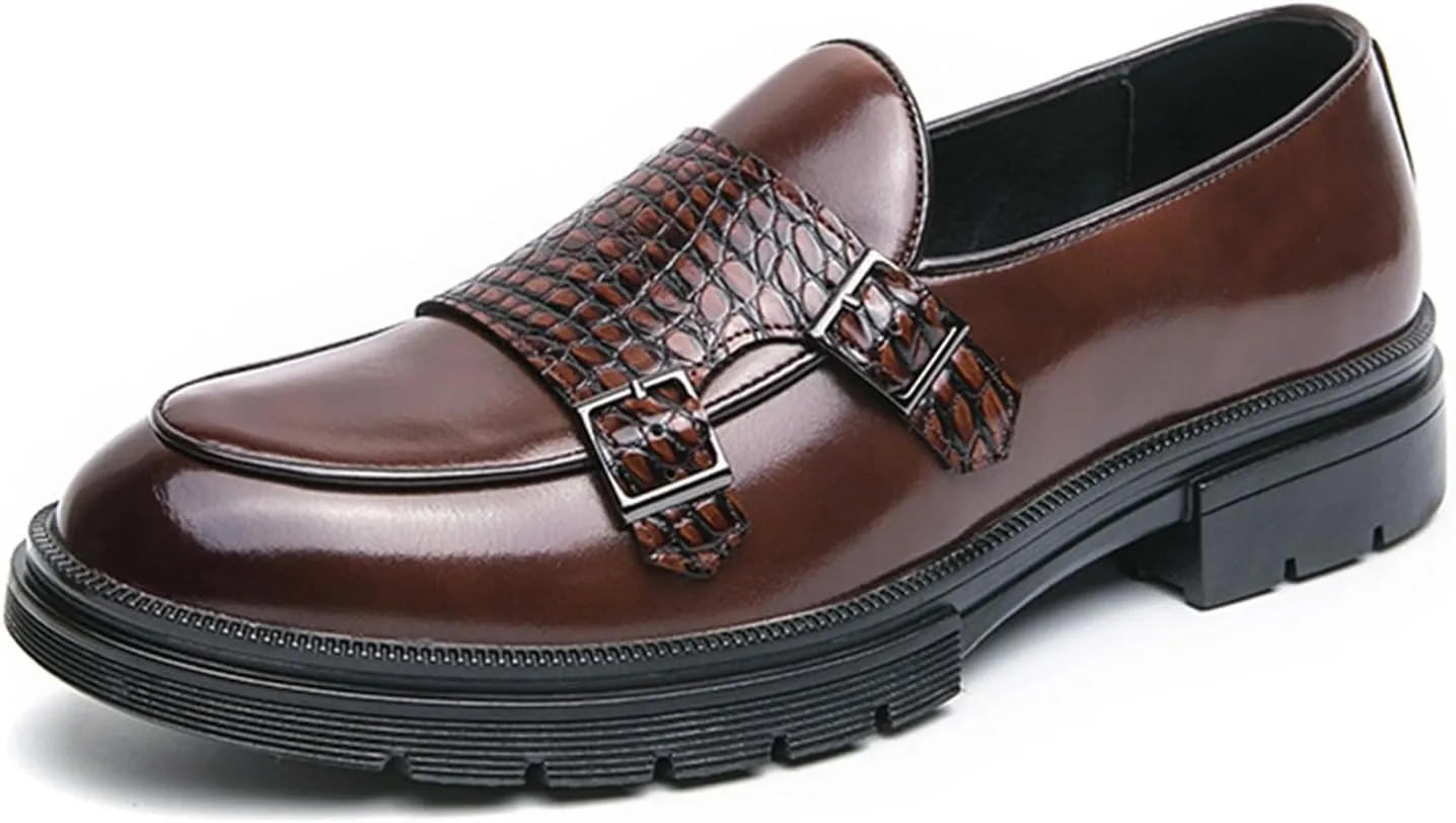 Men's Leather Platform Double Monk Strap Penny Loafers,Fashion Classic Non-Slip Lug Sole Dress Shoes,Business Casual Comfort Slip On Loafers