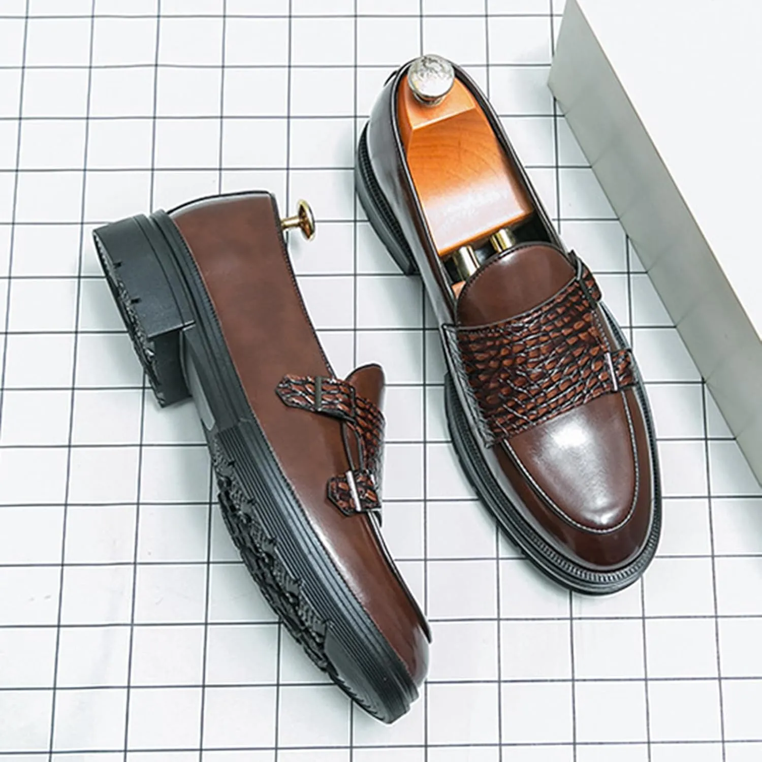 Men's Leather Platform Double Monk Strap Penny Loafers,Fashion Classic Non-Slip Lug Sole Dress Shoes,Business Casual Comfort Slip On Loafers