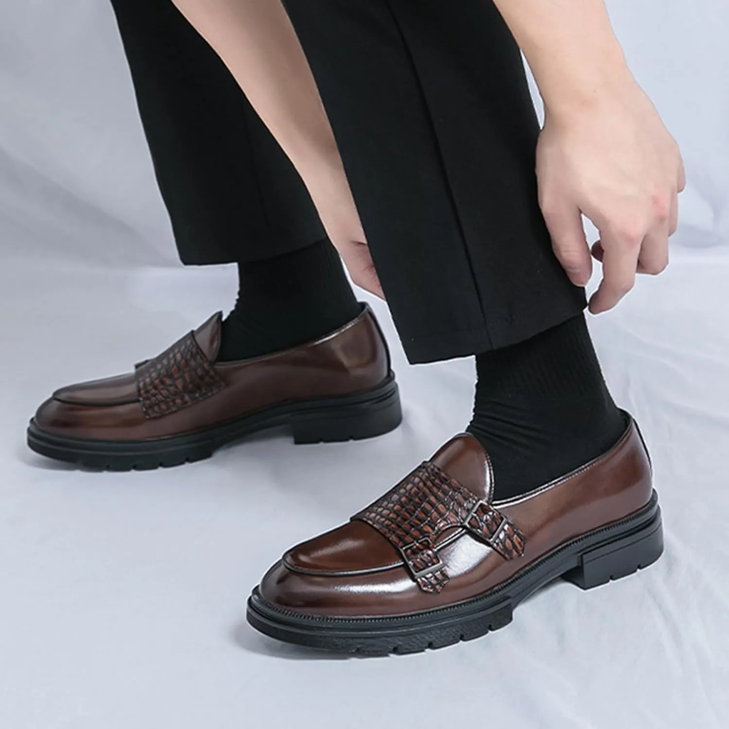 Men's Leather Platform Double Monk Strap Penny Loafers,Fashion Classic Non-Slip Lug Sole Dress Shoes,Business Casual Comfort Slip On Loafers