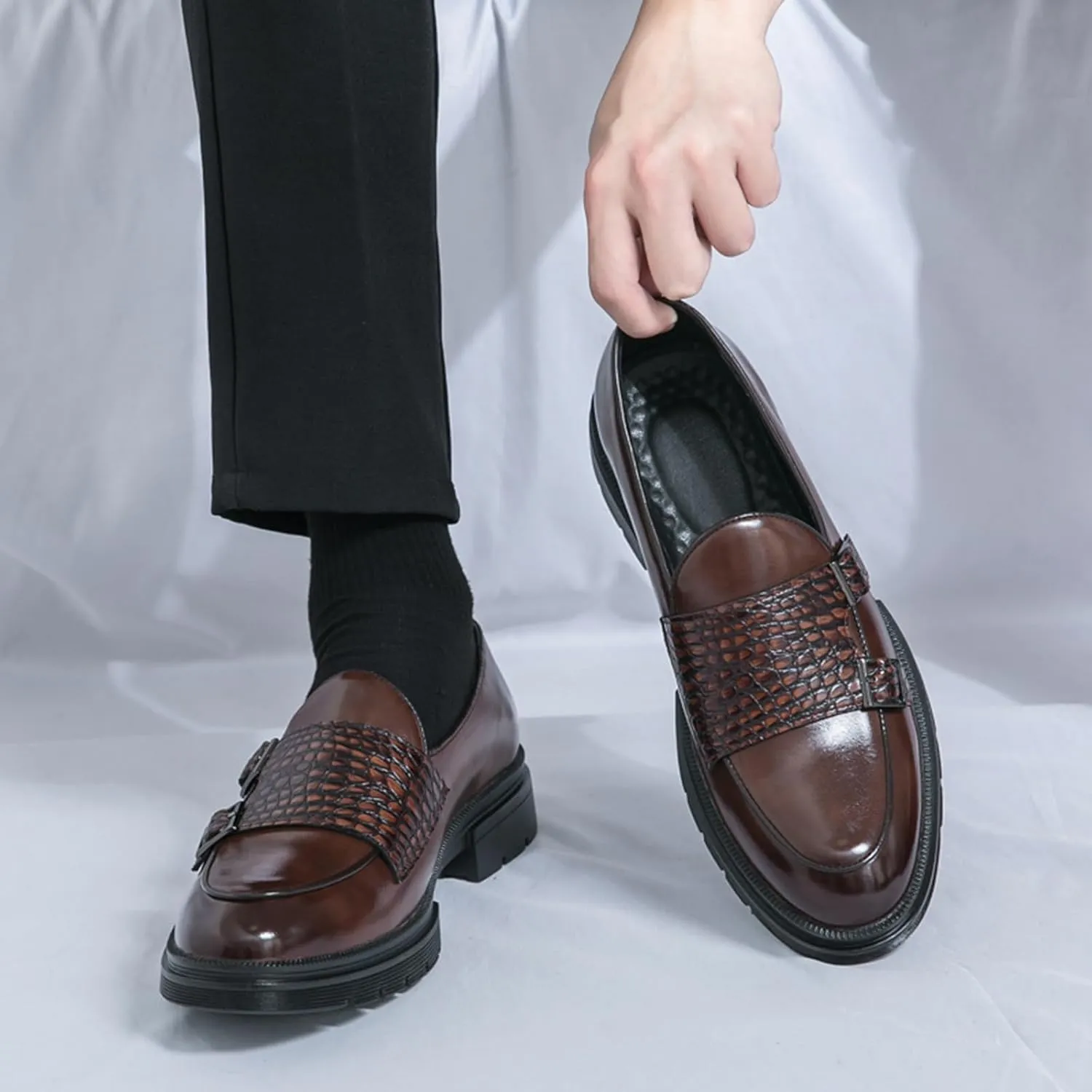Men's Leather Platform Double Monk Strap Penny Loafers,Fashion Classic Non-Slip Lug Sole Dress Shoes,Business Casual Comfort Slip On Loafers