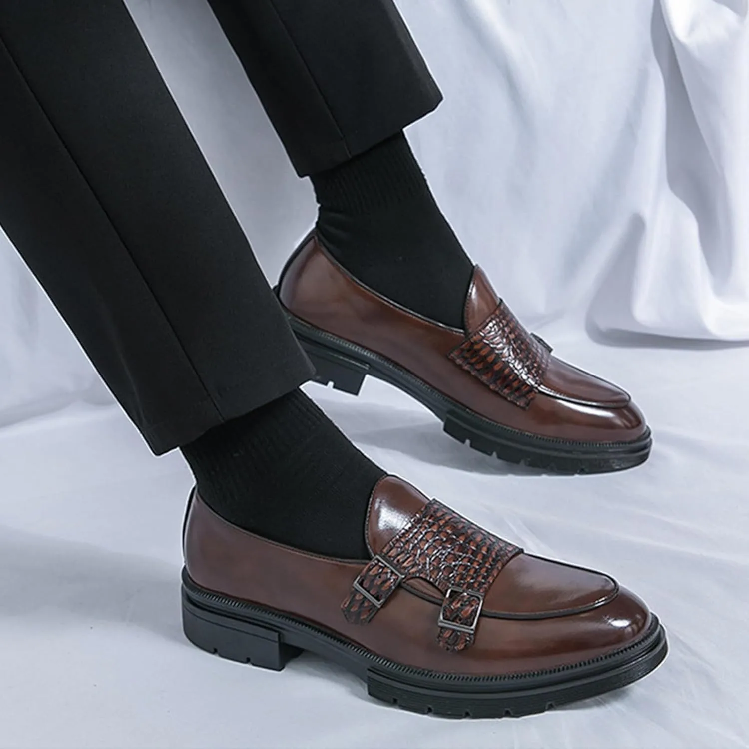 Men's Leather Platform Double Monk Strap Penny Loafers,Fashion Classic Non-Slip Lug Sole Dress Shoes,Business Casual Comfort Slip On Loafers