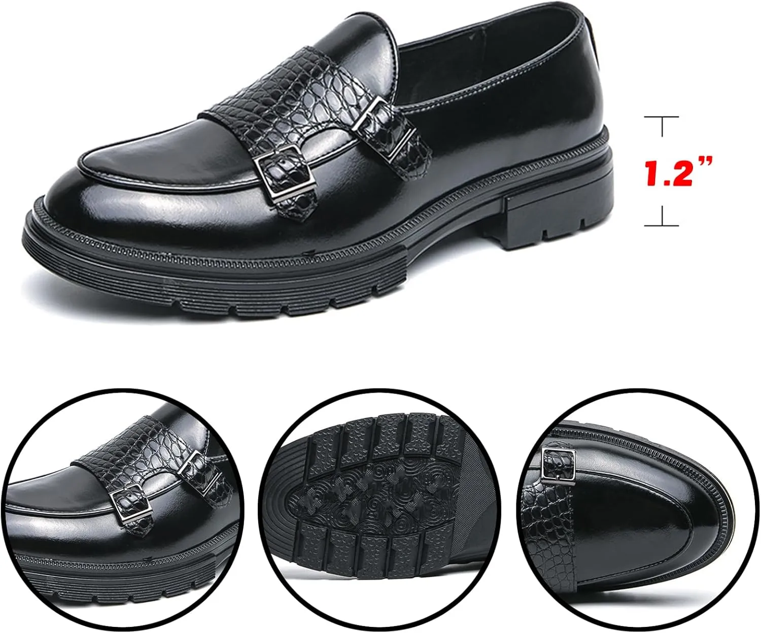 Men's Leather Platform Double Monk Strap Penny Loafers,Fashion Classic Non-Slip Lug Sole Dress Shoes,Business Casual Comfort Slip On Loafers