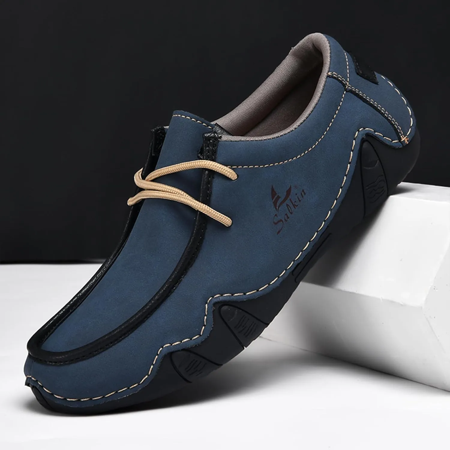 Men's Leather Slip On Casual Low Loafers Lightweight Non-Slip Flat Driving Walking Shoes Soft Moccasin Shoes