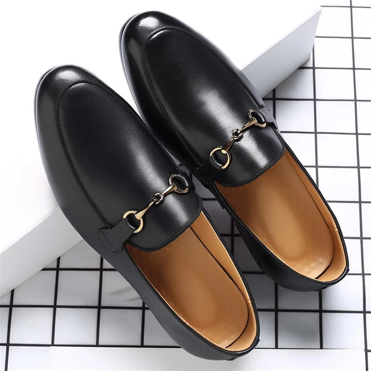 Men's Leather Slip On Loafers Business Casual Dress Shoes Comfortable Round Toe Walking Shoes Breathable Lightweight Formal Shoes for Men