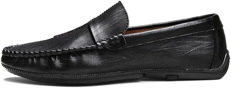 Men's Loafers Round Toe PU Leather Loafer Shoes Flat Heel Fashion Slip On Driving Shoes Casual Flat Moccasin(Black,7.5)