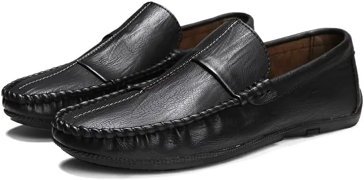 Men's Loafers Round Toe PU Leather Loafer Shoes Flat Heel Fashion Slip On Driving Shoes Casual Flat Moccasin(Black,7.5)