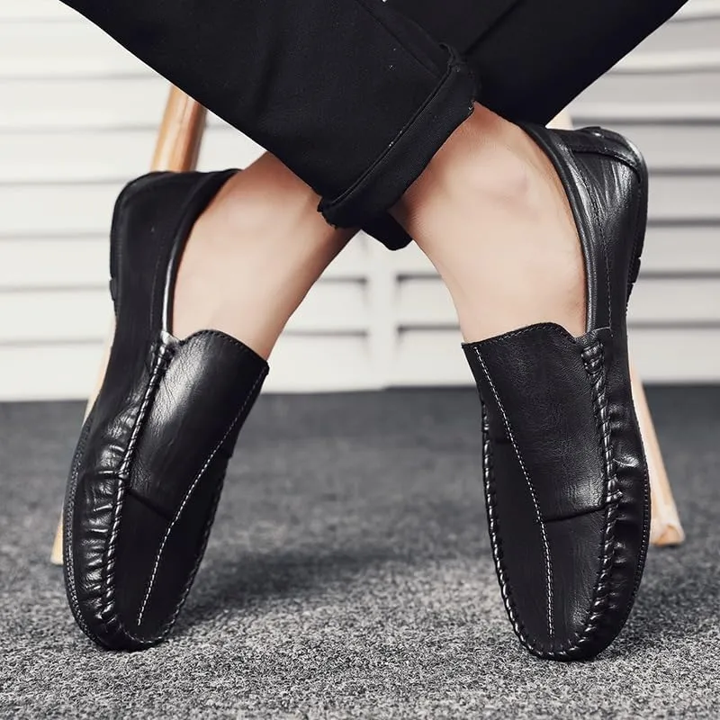 Men's Loafers Round Toe PU Leather Loafer Shoes Flat Heel Fashion Slip On Driving Shoes Casual Flat Moccasin(Black,7.5)