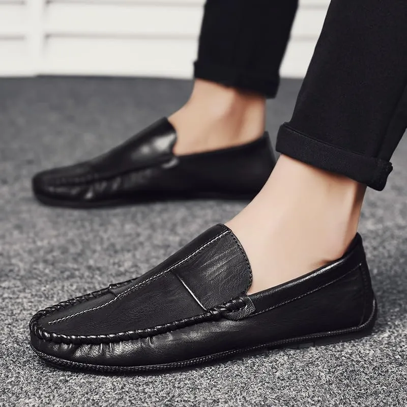Men's Loafers Round Toe PU Leather Loafer Shoes Flat Heel Fashion Slip On Driving Shoes Casual Flat Moccasin(Black,7.5)