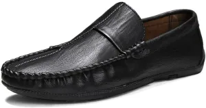 Men's Loafers Round Toe PU Leather Loafer Shoes Flat Heel Fashion Slip On Driving Shoes Casual Flat Moccasin(Black,7.5)