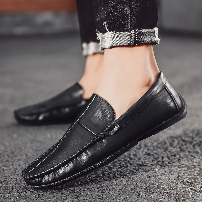 Men's Loafers Round Toe PU Leather Loafer Shoes Flat Heel Fashion Slip On Driving Shoes Casual Flat Moccasin(Black,7.5)