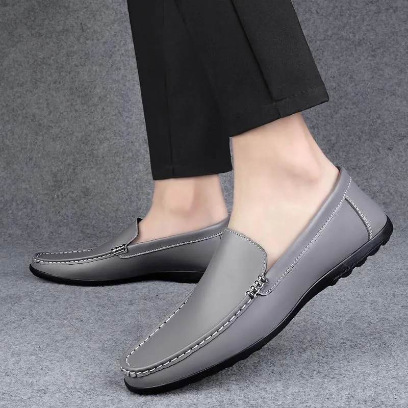 Mens Loafers Round Toe Solid Color Faux Leather Slip Resistant Flexible Flat Heel Walking Slip-ons Classic Casual Driving Shoes(Gray,6.5)