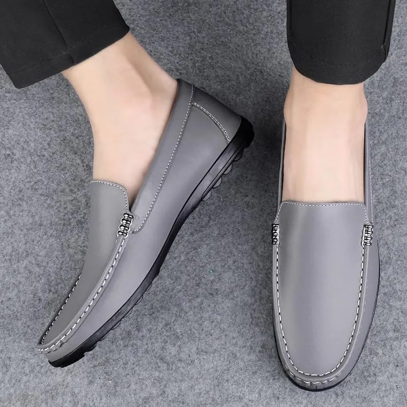 Mens Loafers Round Toe Solid Color Faux Leather Slip Resistant Flexible Flat Heel Walking Slip-ons Classic Casual Driving Shoes(Gray,6.5)