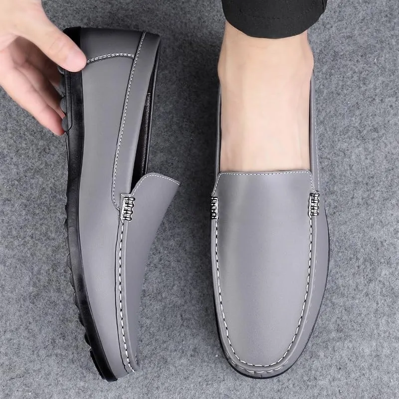 Mens Loafers Round Toe Solid Color Faux Leather Slip Resistant Flexible Flat Heel Walking Slip-ons Classic Casual Driving Shoes(Gray,6.5)