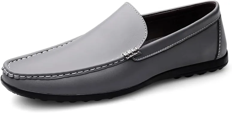 Mens Loafers Round Toe Solid Color Faux Leather Slip Resistant Flexible Flat Heel Walking Slip-ons Classic Casual Driving Shoes(Gray,6.5)