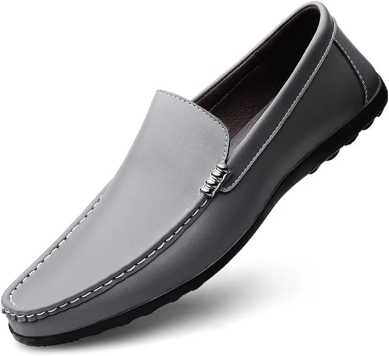 Mens Loafers Round Toe Solid Color Faux Leather Slip Resistant Flexible Flat Heel Walking Slip-ons Classic Casual Driving Shoes(Gray,6.5)