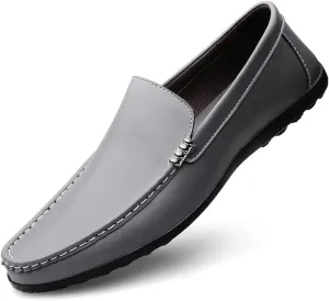 Mens Loafers Round Toe Solid Color Faux Leather Slip Resistant Flexible Flat Heel Walking Slip-ons Classic Casual Driving Shoes(Gray,6.5)