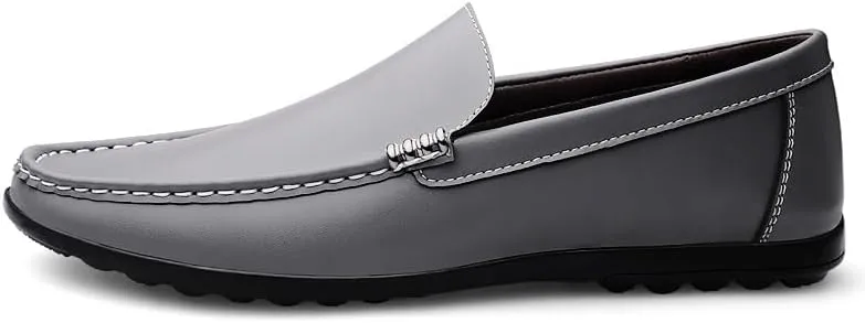 Mens Loafers Round Toe Solid Color Faux Leather Slip Resistant Flexible Flat Heel Walking Slip-ons Classic Casual Driving Shoes(Gray,6.5)