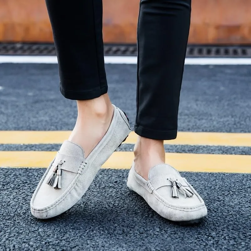 Mens Loafers Shoe Round Toe Solid Color with Tassel Suede Vamp Driving Loafers Anti-Slip Lightweight Comfortable Wedding Outdoor Slip-on