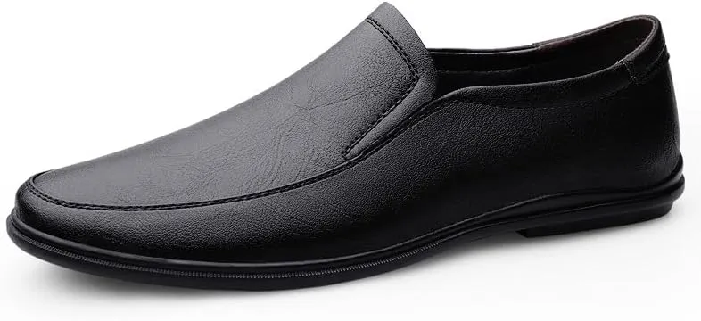 Men's Loafers Shoes Round Toe Solid Color PU Leather Anti-Slip Flexible Comfortable Casual Driving Office Outdoor Slip-on(Black,8)
