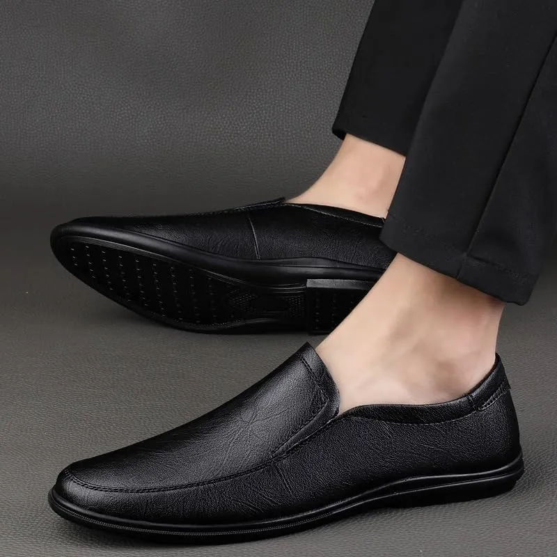 Men's Loafers Shoes Round Toe Solid Color PU Leather Anti-Slip Flexible Comfortable Casual Driving Office Outdoor Slip-on(Black,8)