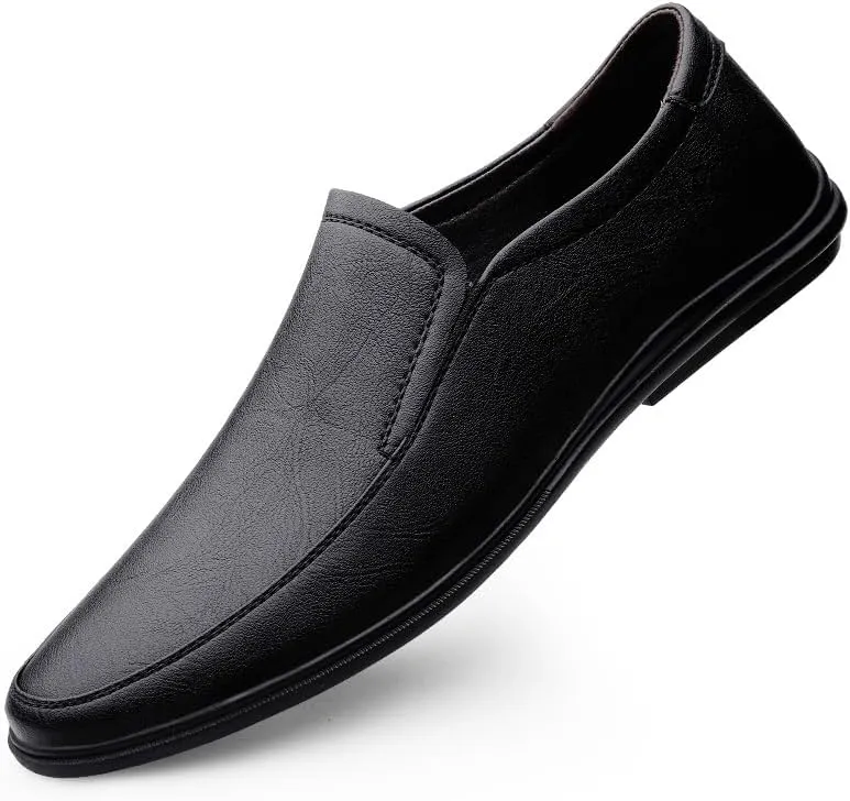 Men's Loafers Shoes Round Toe Solid Color PU Leather Anti-Slip Flexible Comfortable Casual Driving Office Outdoor Slip-on(Black,8)