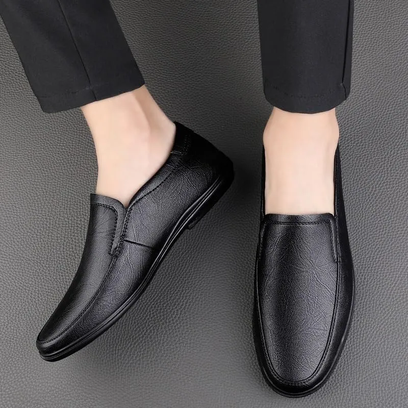 Men's Loafers Shoes Round Toe Solid Color PU Leather Anti-Slip Flexible Comfortable Casual Driving Office Outdoor Slip-on(Black,8)