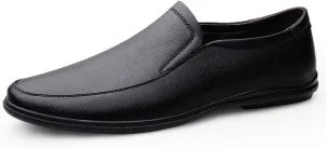 Men's Loafers Shoes Round Toe Solid Color PU Leather Anti-Slip Flexible Comfortable Casual Driving Office Outdoor Slip-on(Black,8)