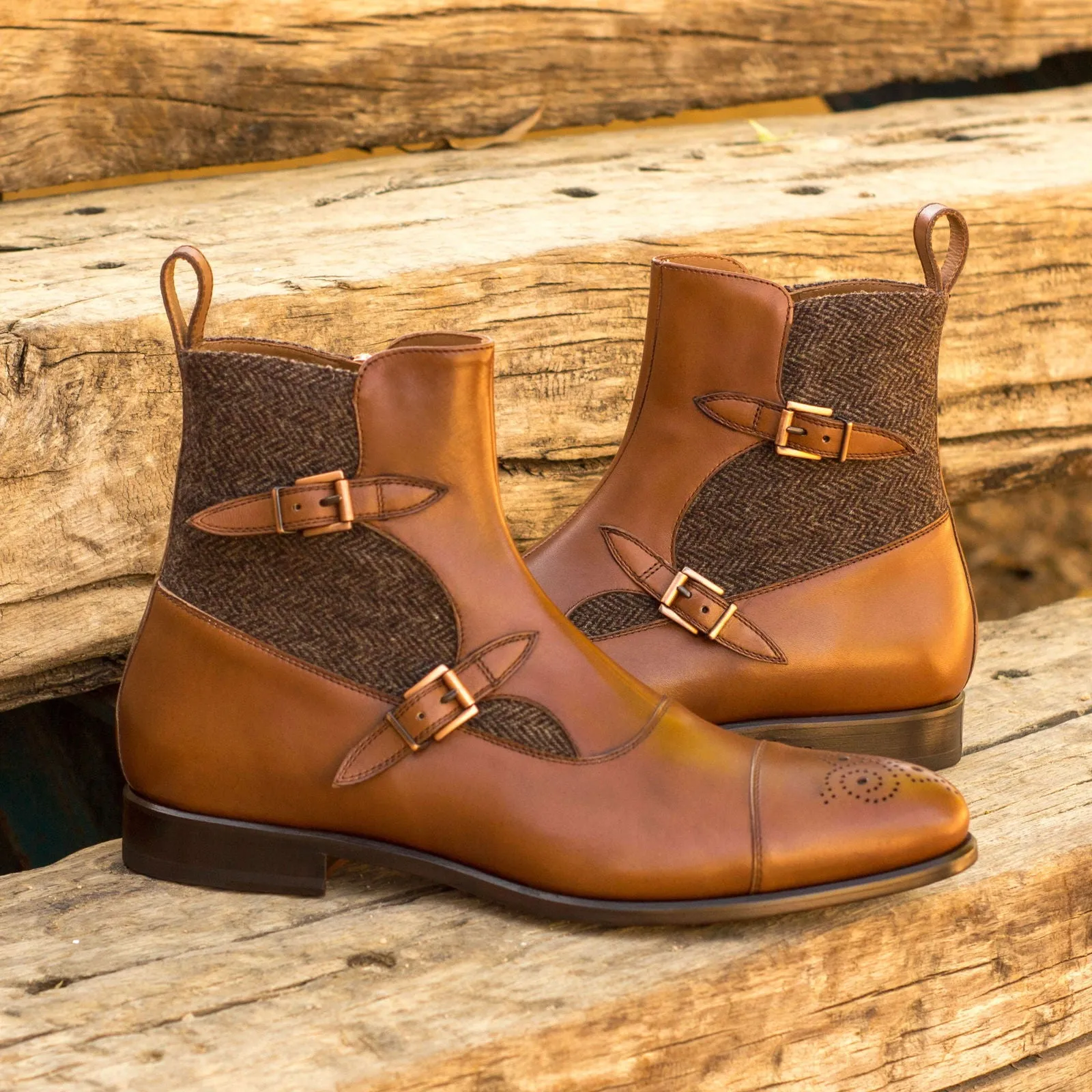 Men's Octavian Buckle Leather Boots Wide Plus Size Brown 3505