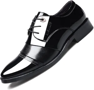 Mens Patent Leather Derbys Patchwork Pointed Toe Lace Up Shoes Business Formal Office Work Dress Shoes