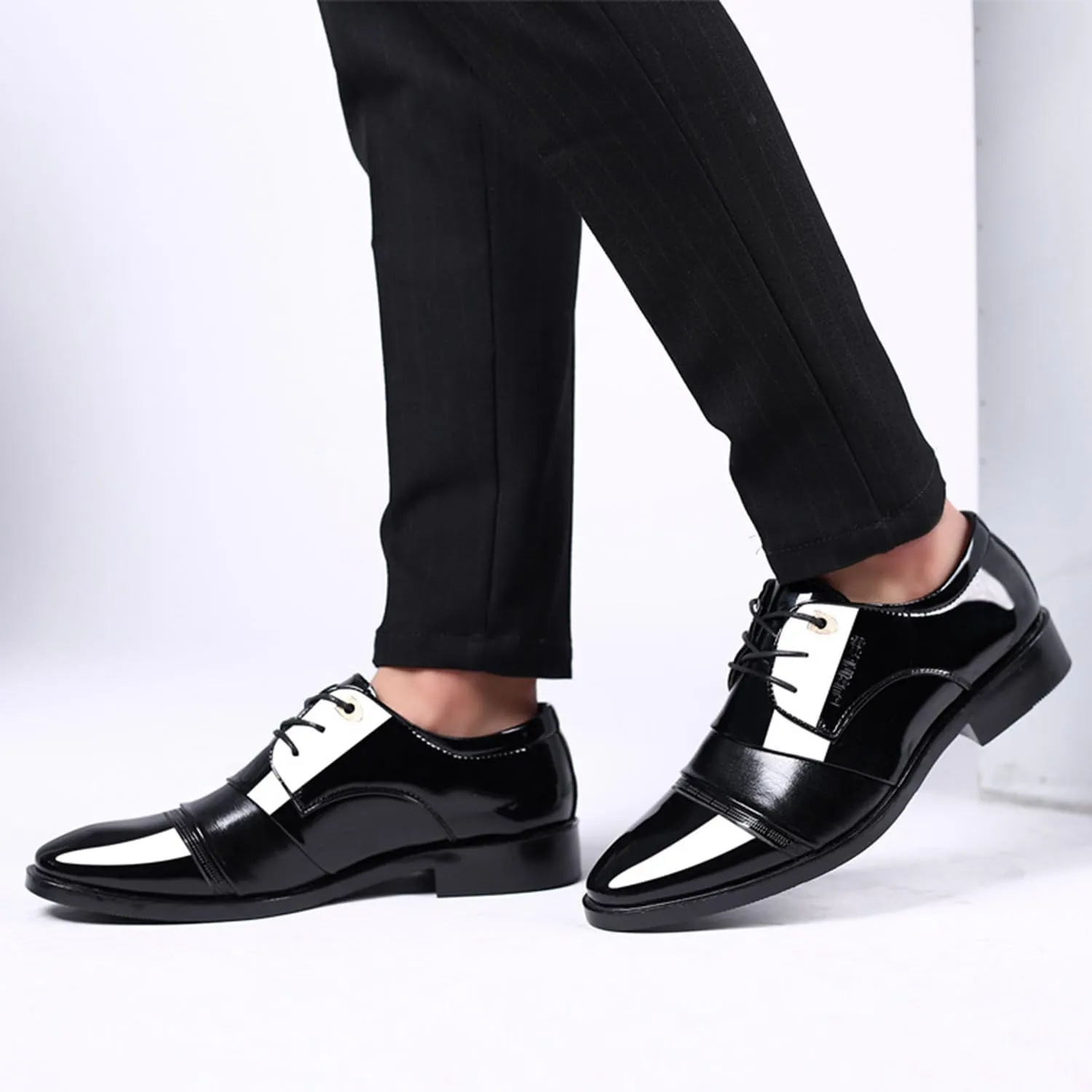 Mens Patent Leather Derbys Patchwork Pointed Toe Lace Up Shoes Business Formal Office Work Dress Shoes