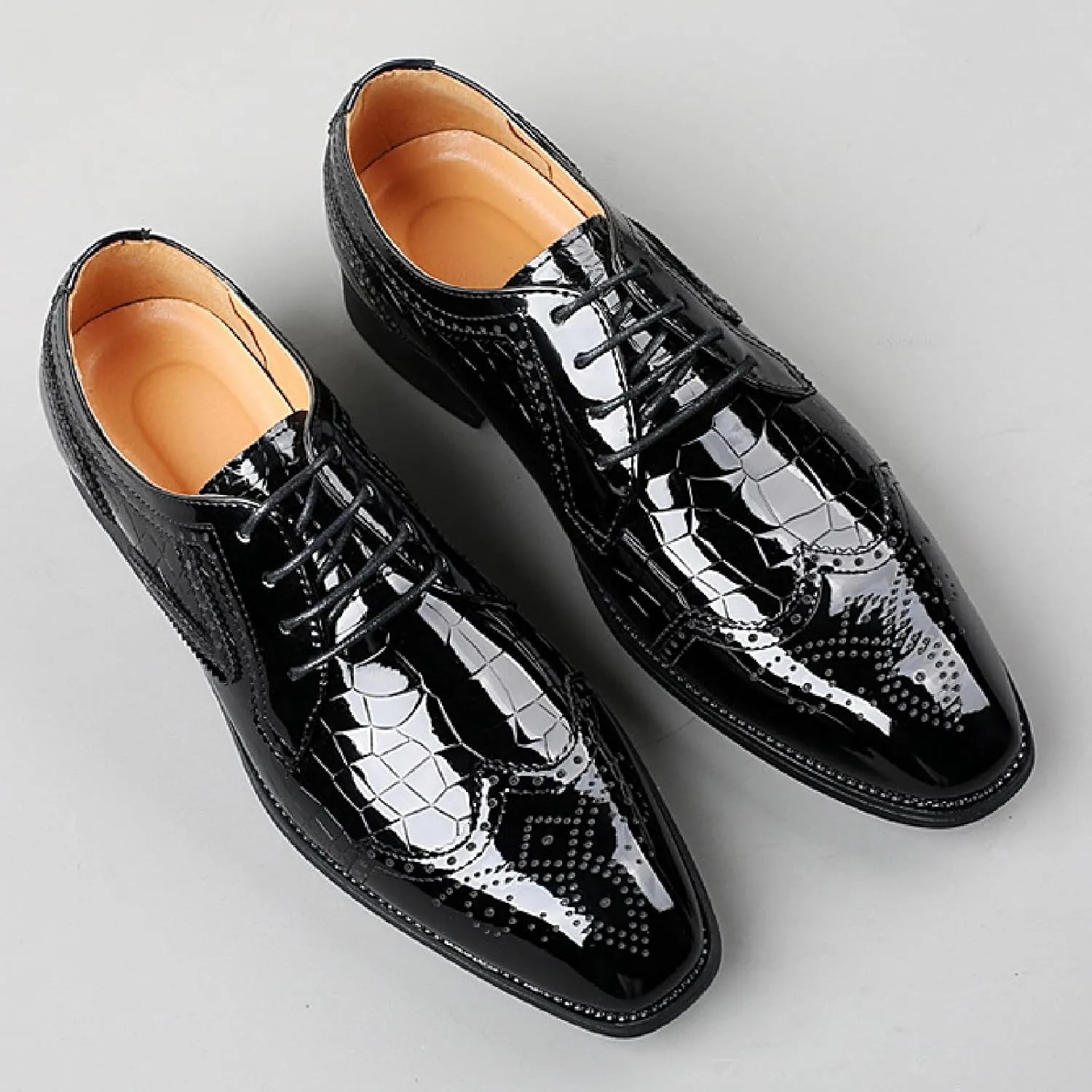 Men's Patent Leather Pointed Toe Lace-up Brogue Oxford Shoes Fashion Comfortable Breathe Low Heel Wingtips Dress Wedding Business Derbys Shoes