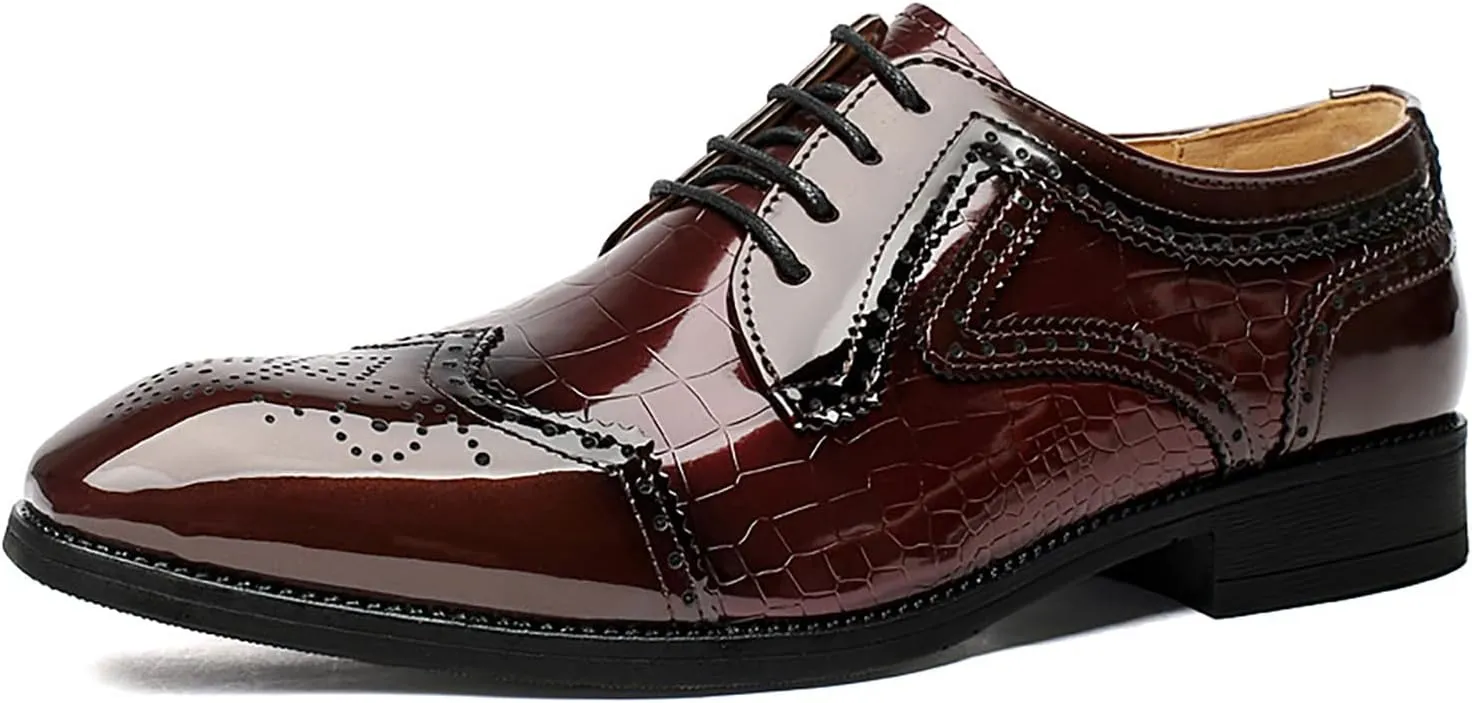 Men's Patent Leather Pointed Toe Lace-up Brogue Oxford Shoes Fashion Comfortable Breathe Low Heel Wingtips Dress Wedding Business Derbys Shoes