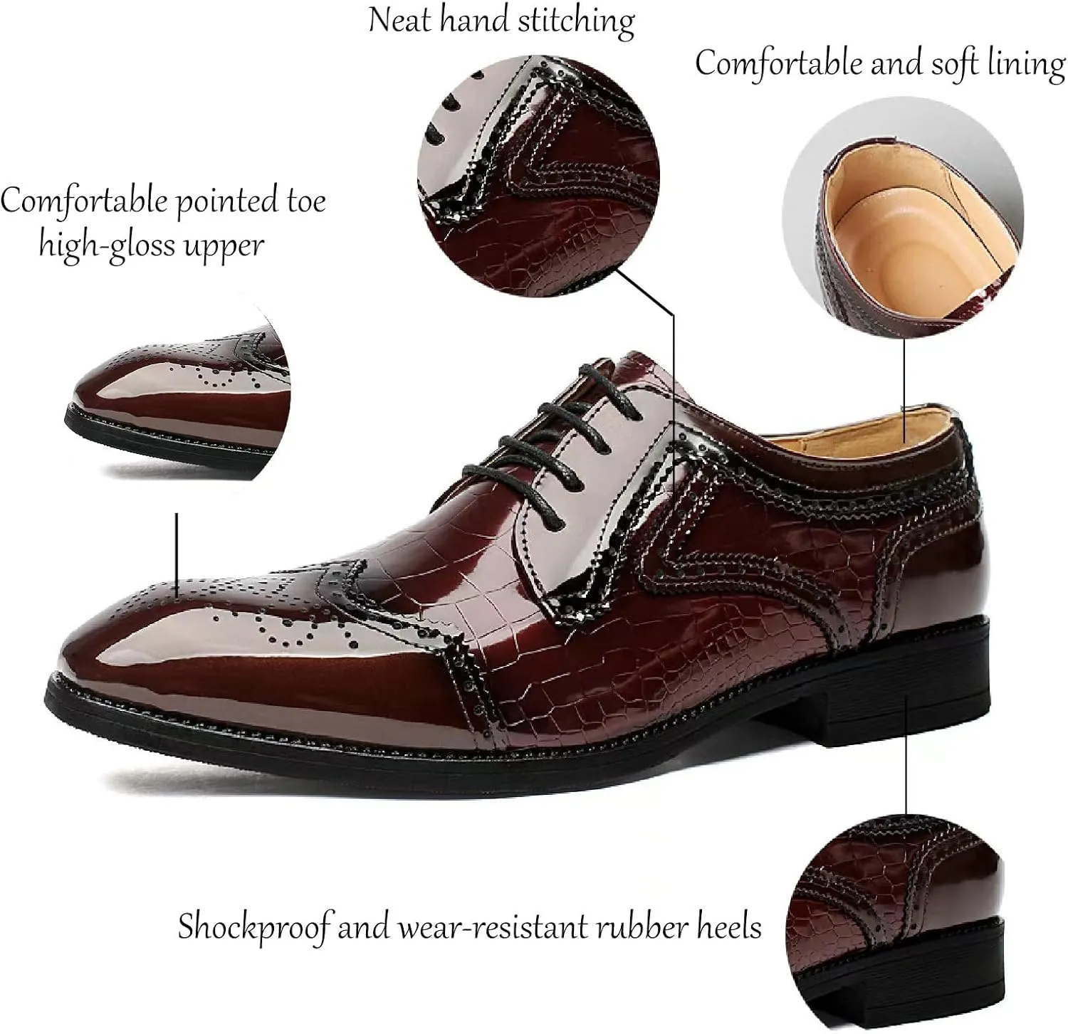 Men's Patent Leather Pointed Toe Lace-up Brogue Oxford Shoes Fashion Comfortable Breathe Low Heel Wingtips Dress Wedding Business Derbys Shoes