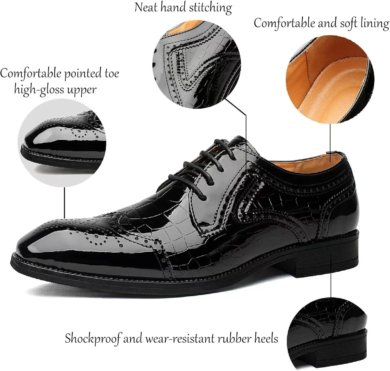 Men's Patent Leather Pointed Toe Lace-up Brogue Oxford Shoes Fashion Comfortable Breathe Low Heel Wingtips Dress Wedding Business Derbys Shoes