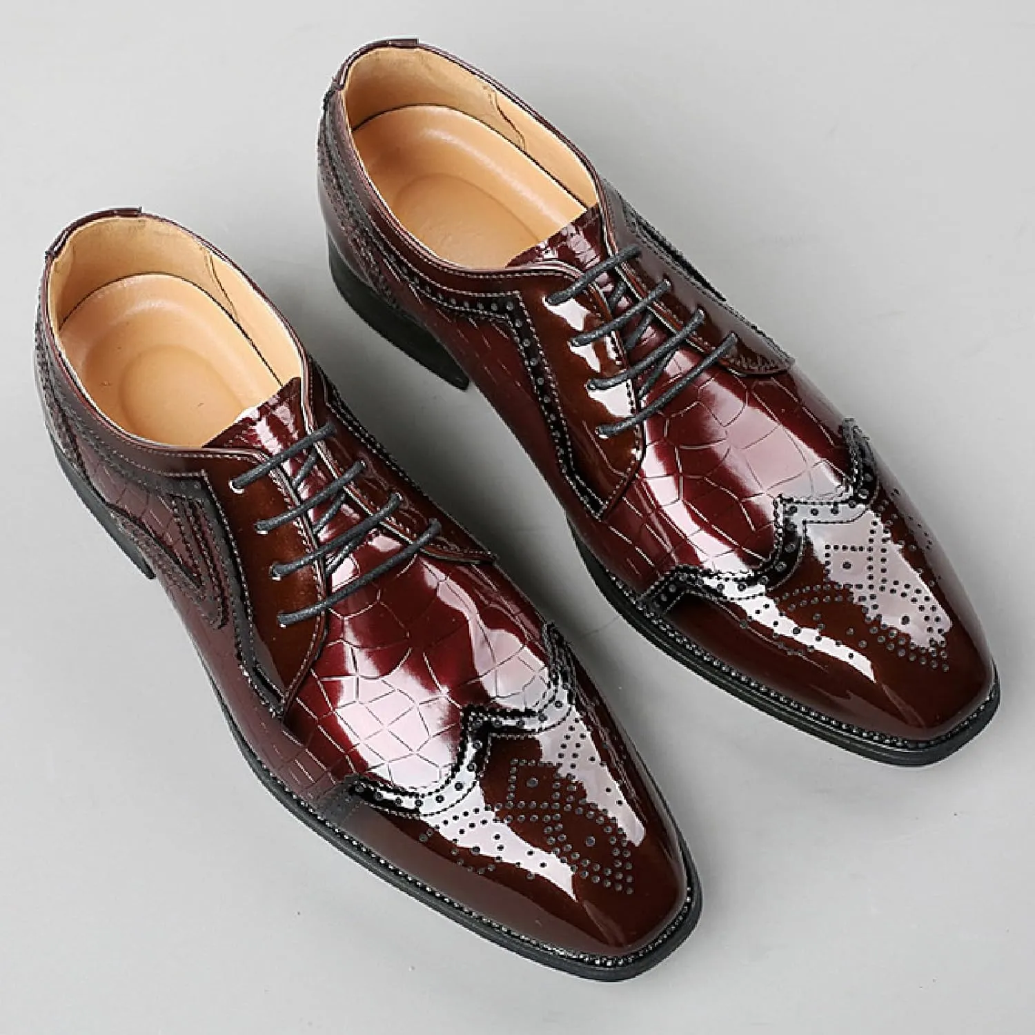 Men's Patent Leather Pointed Toe Lace-up Brogue Oxford Shoes Fashion Comfortable Breathe Low Heel Wingtips Dress Wedding Business Derbys Shoes