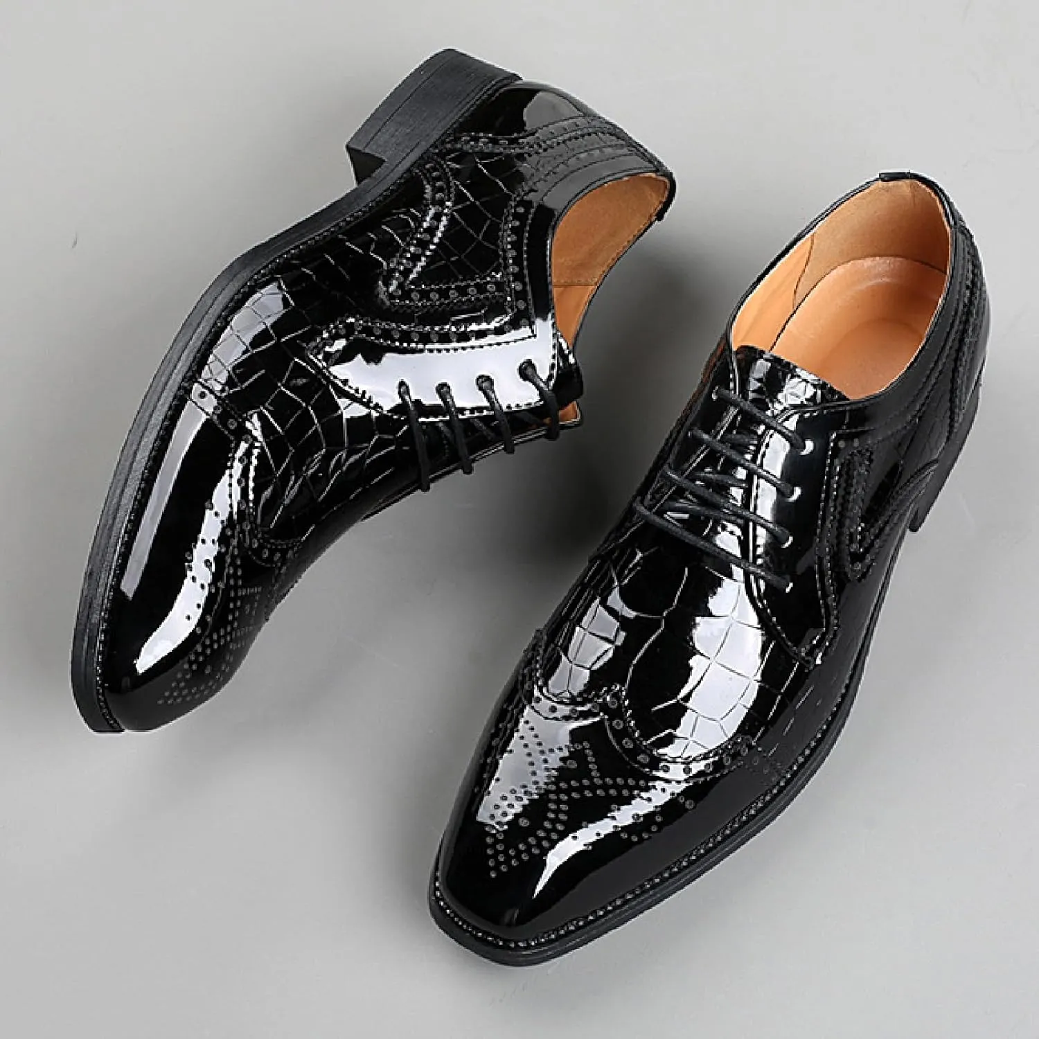 Men's Patent Leather Pointed Toe Lace-up Brogue Oxford Shoes Fashion Comfortable Breathe Low Heel Wingtips Dress Wedding Business Derbys Shoes