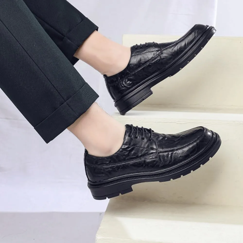 Men's Platform Height Increase Oxford Shoes Black Classic Round Toe Dress Tuxedo Shoes Elegant Lace-up Formal Loafers