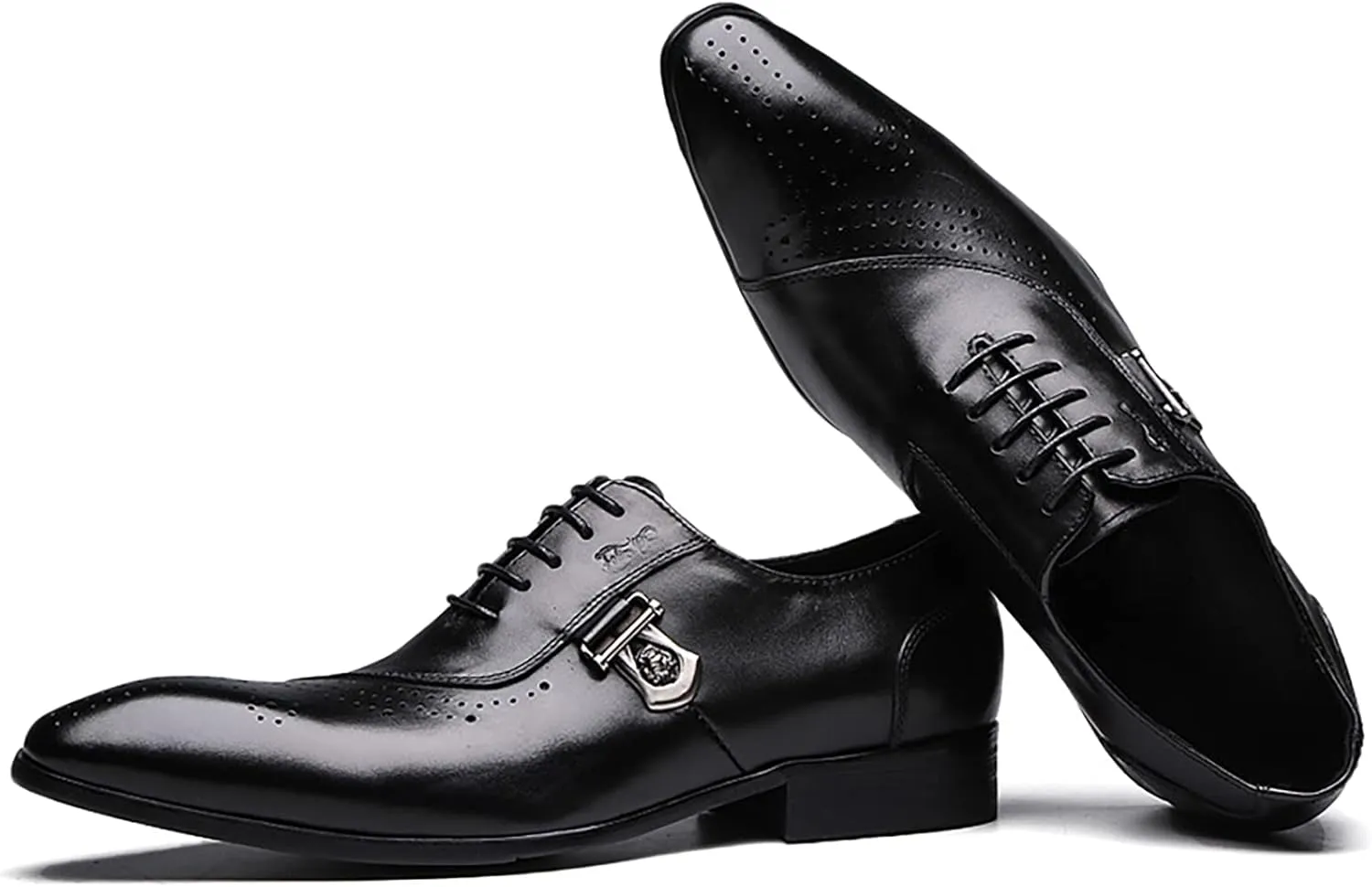 Mens Pointed Toe Brogues Casual Dress Shoes Wedding Formal Lace-Up Oxfords Cowhide Wingtip Derbys,Black-38