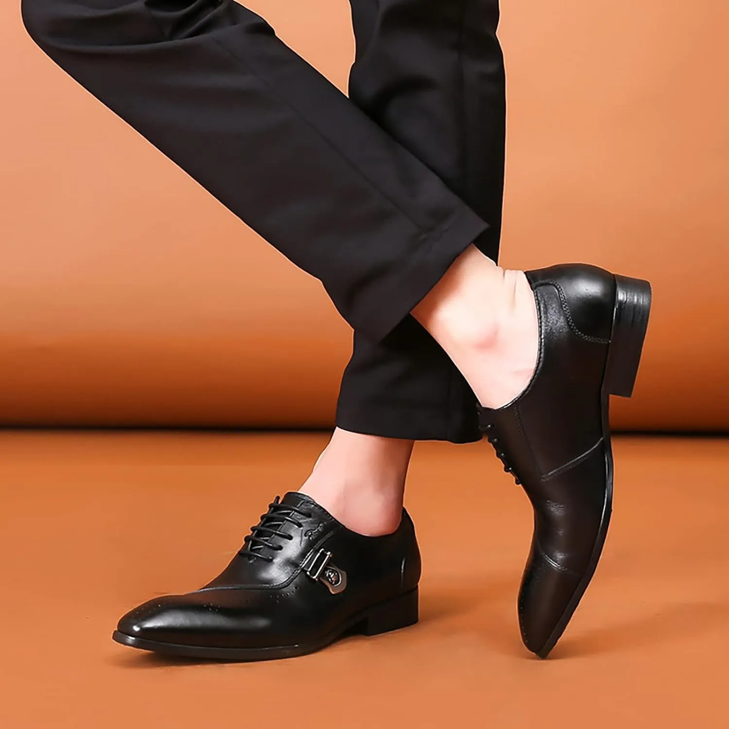 Mens Pointed Toe Brogues Casual Dress Shoes Wedding Formal Lace-Up Oxfords Cowhide Wingtip Derbys,Black-38