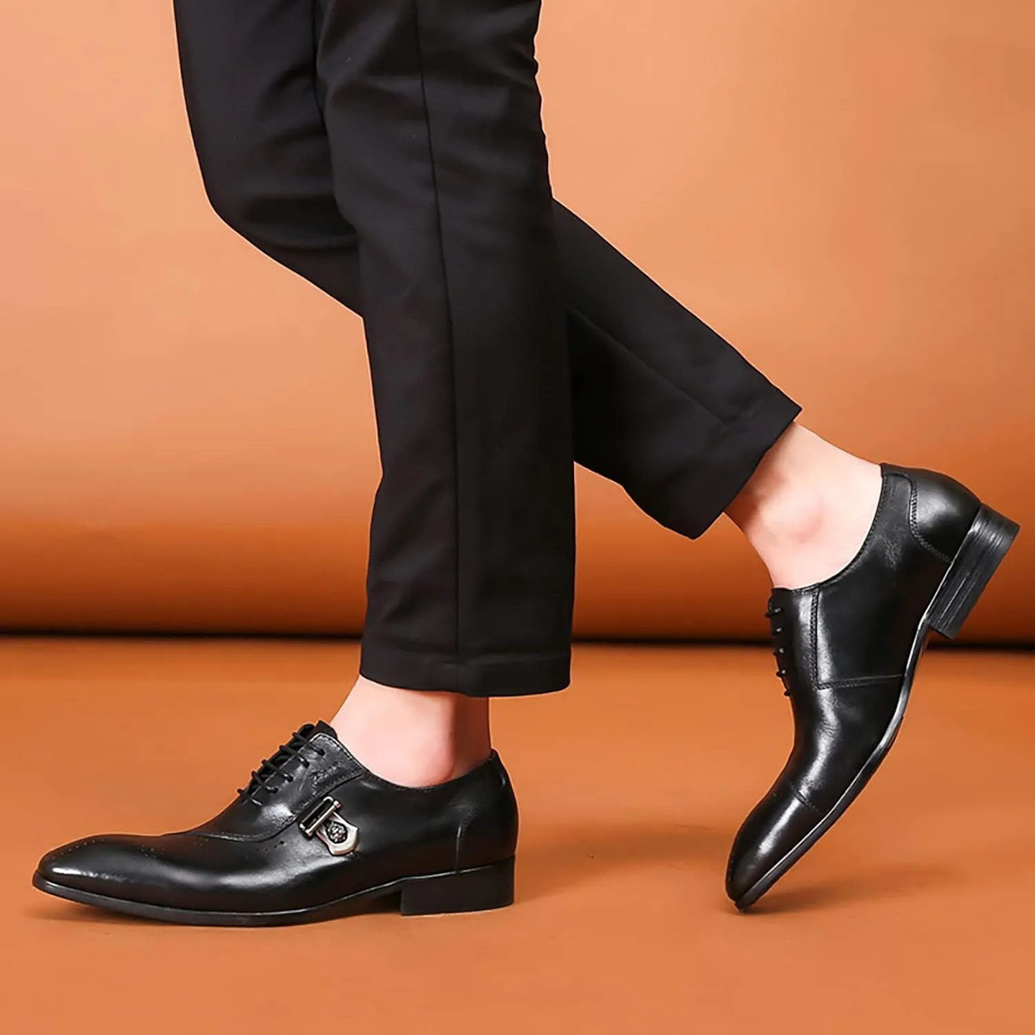 Mens Pointed Toe Brogues Casual Dress Shoes Wedding Formal Lace-Up Oxfords Cowhide Wingtip Derbys,Black-38