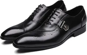 Mens Pointed Toe Brogues Casual Dress Shoes Wedding Formal Lace-Up Oxfords Cowhide Wingtip Derbys,Black-38