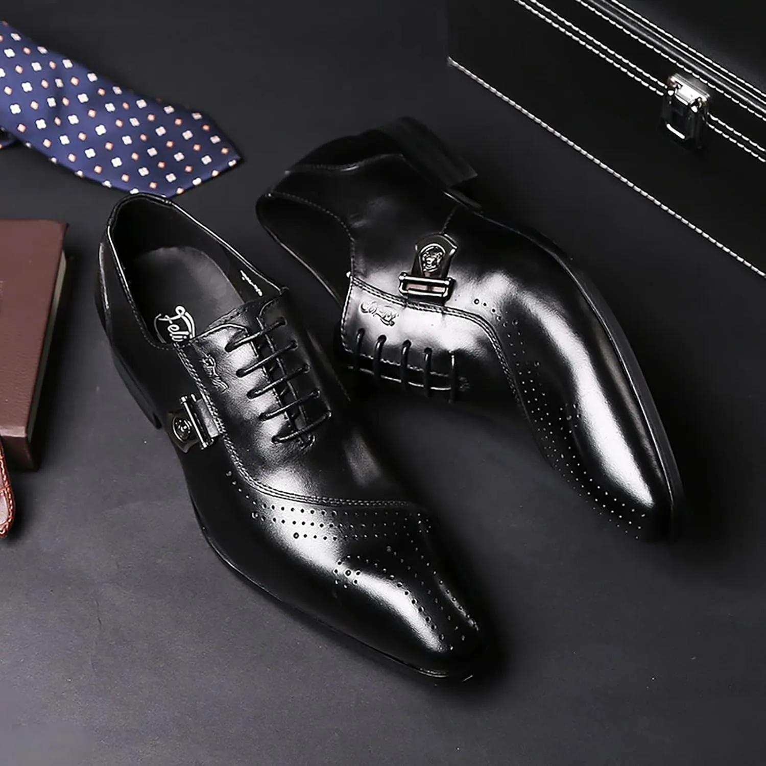 Mens Pointed Toe Brogues Casual Dress Shoes Wedding Formal Lace-Up Oxfords Cowhide Wingtip Derbys,Black-38