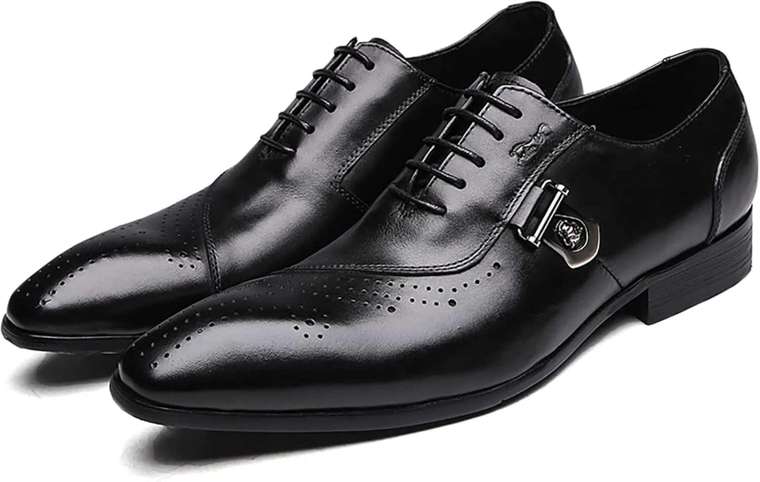 Mens Pointed Toe Brogues Casual Dress Shoes Wedding Formal Lace-Up Oxfords Cowhide Wingtip Derbys,Black-38