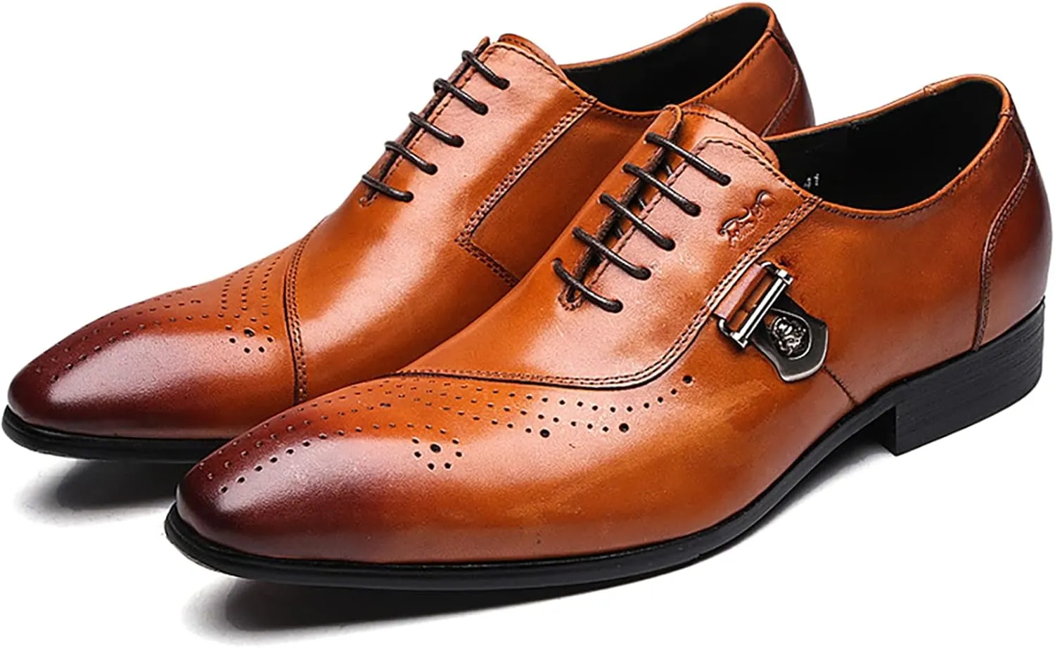 Mens Pointed Toe Brogues Casual Dress Shoes Wedding Formal Lace-Up Oxfords Cowhide Wingtip Derbys,Brown-40
